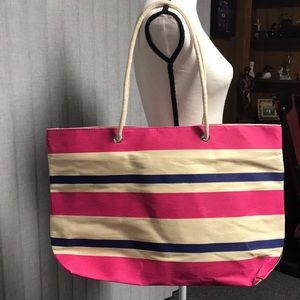 NIP Pink Cream Blue Striped Canvas Beach Bag